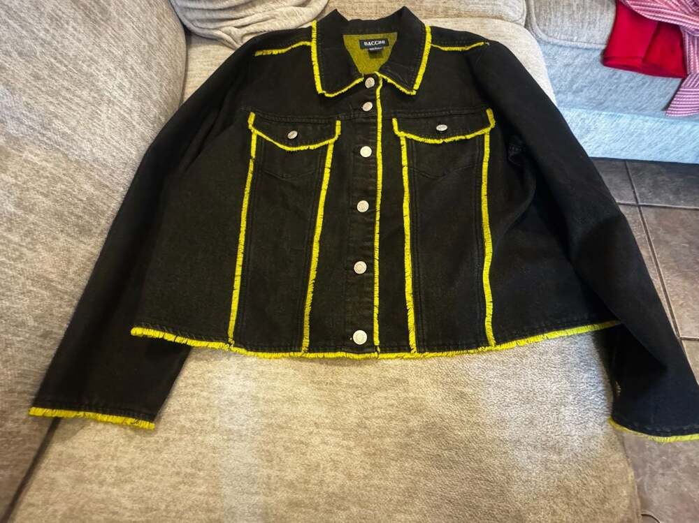 Baccini Black Denim Jacket with Yellow Contrast Piping Size 18